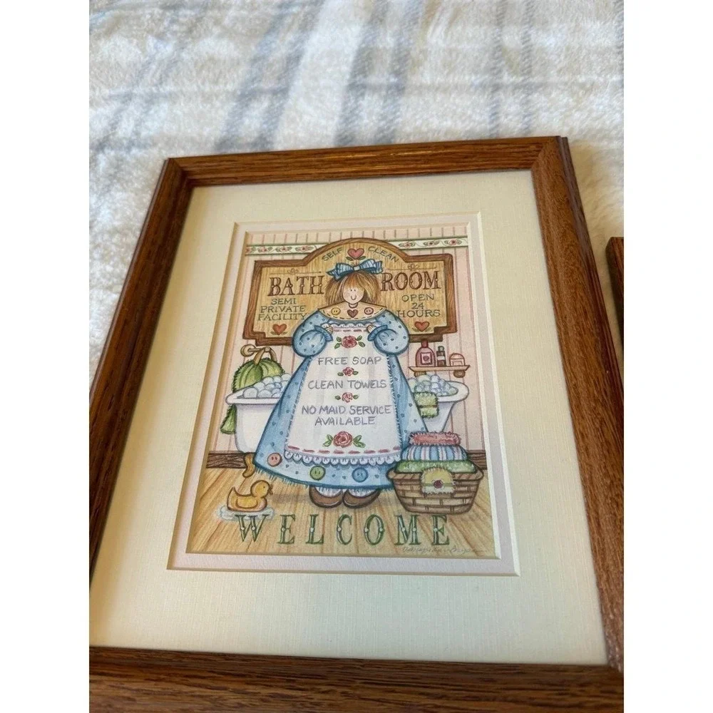 Vintage Country Bathroom Wall Art Set Framed Prints Farmhouse Decor Teddy Bear
